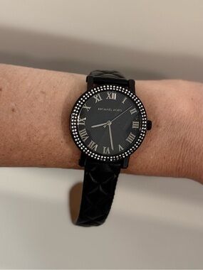 Michael Kors Black Quilted Leather Strap Watch with Crystal Bezel